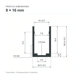 8 × 16 mm aluminium Neon Flex profile cross-section and measurements from datasheet