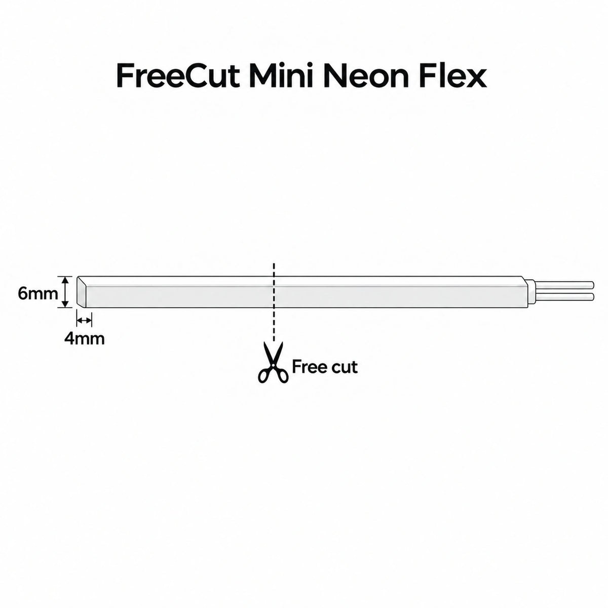 UK LED Lights — 4x6mm FreeCut Mini Neon Flex cutting diagram with scissors and cut-to-length silicone strip