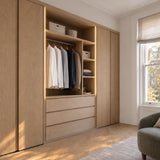 FreeCut mini neon flex 2700K warm white recessed lighting in a pale oak fitted wardrobe — UK LED Lights
