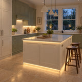 FreeCut mini neon flex 2700K warm white recessed under-cabinet and island lighting in a sage and cream kitchen — UK LED Lights