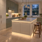 FreeCut mini neon flex 3000K warm white recessed under-cabinet and island lighting in a sage and cream kitchen — UK LED Lights