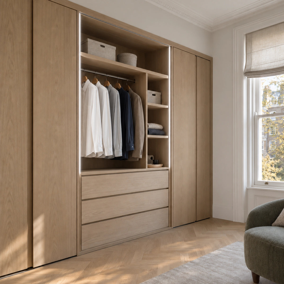 FreeCut mini neon flex 4000K natural white recessed lighting in a pale oak fitted wardrobe — UK LED Lights
