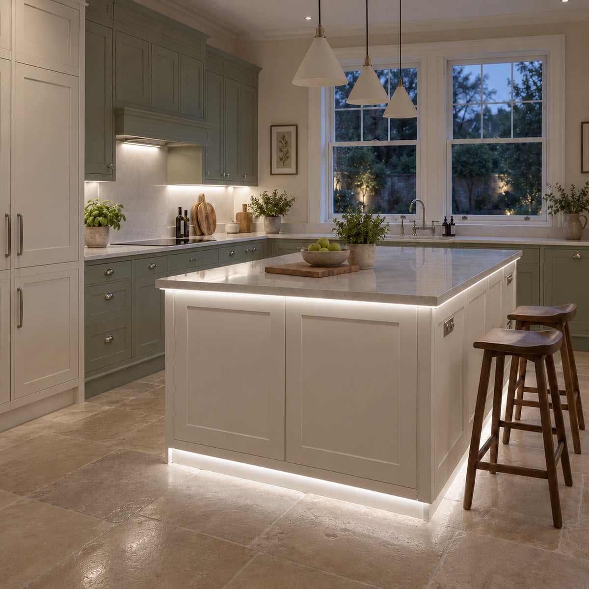 FreeCut mini neon flex 4000K natural white recessed under-cabinet and island lighting in a sage and cream kitchen — UK LED Lights