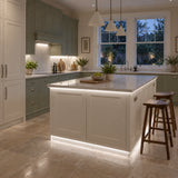 FreeCut mini neon flex 4000K natural white recessed under-cabinet and island lighting in a sage and cream kitchen — UK LED Lights