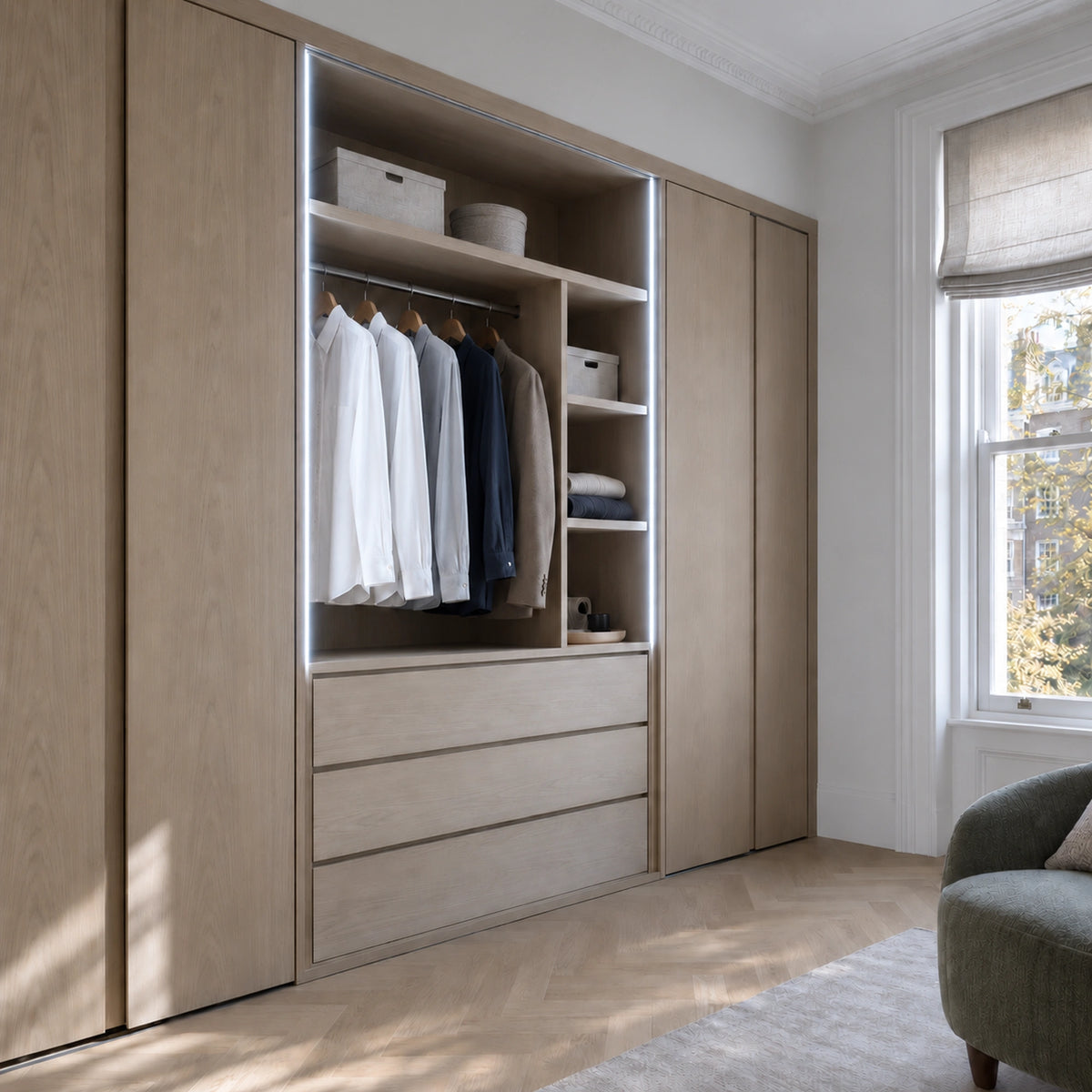 FreeCut mini neon flex 6000K cool white recessed lighting in a pale oak fitted wardrobe — UK LED Lights