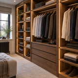 UK LED Lights FreeCut mini neon flex recessed wardrobe lighting in 2700K warm white, installed flush in walnut cabinetry