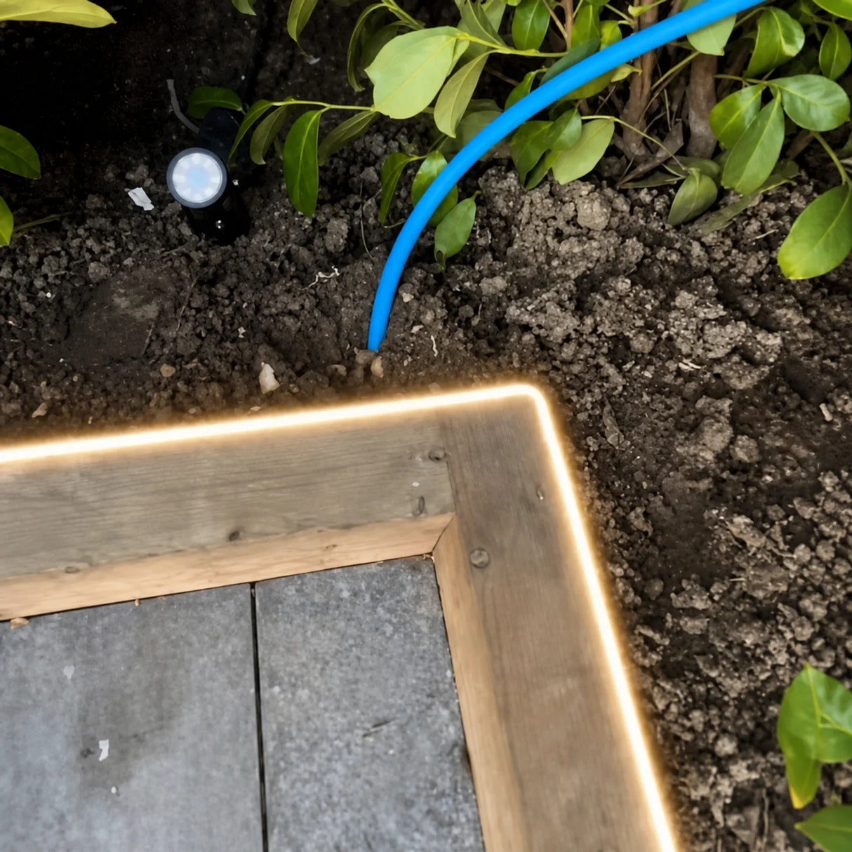 3000K side-bend Neon Flex outlining a timber garden edge, colour-adjusted installation illustration