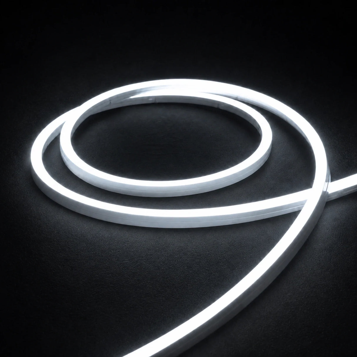 6000K side-bend Neon Flex coiled on a dark surface, colour-adjusted product photograph