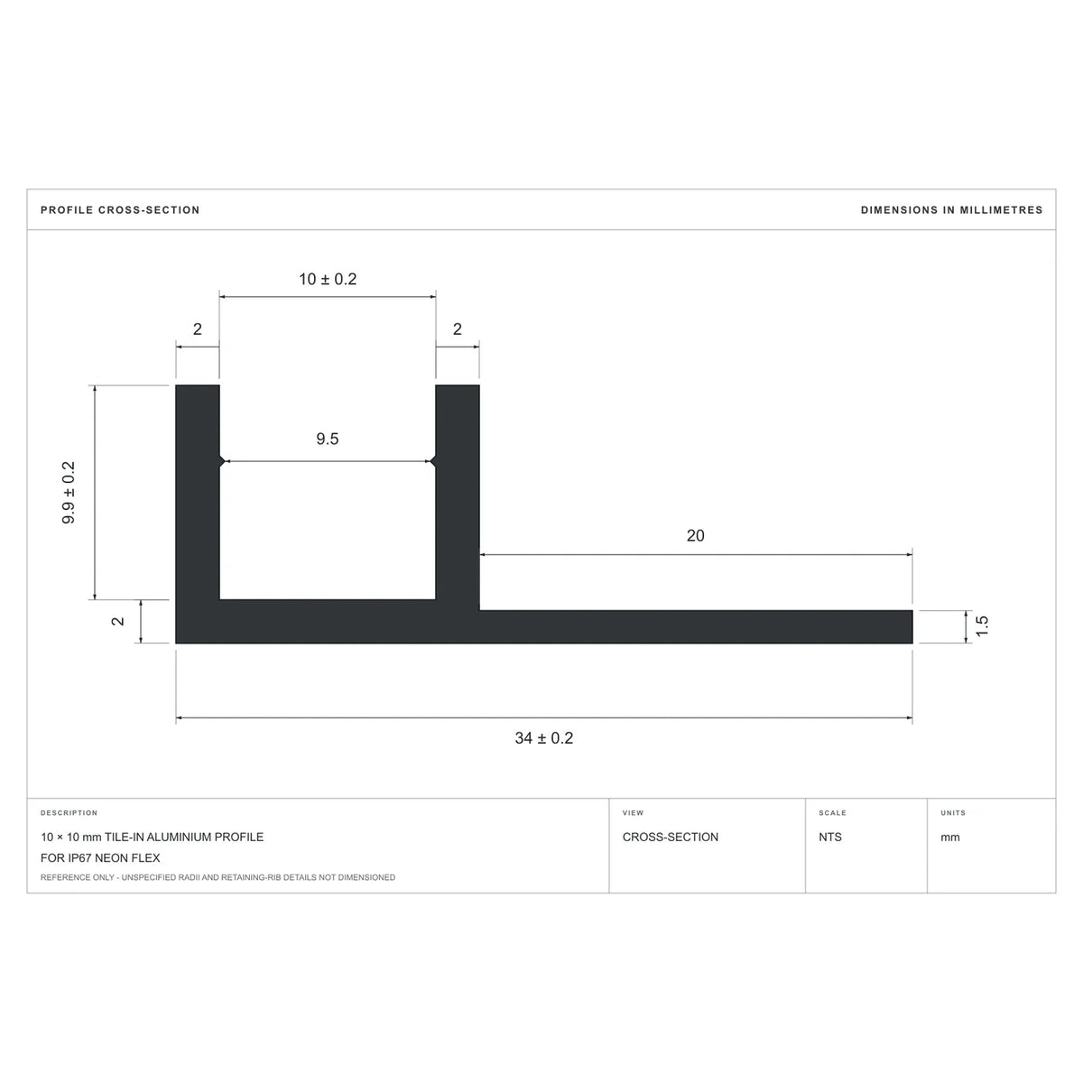 Cross-section dimensions of the straight tile-in profile for 10×10mm Neon Flex