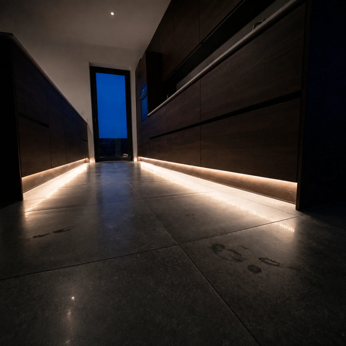 10×6mm Mini Neon Flex used as low-level kitchen plinth lighting, installation illustration