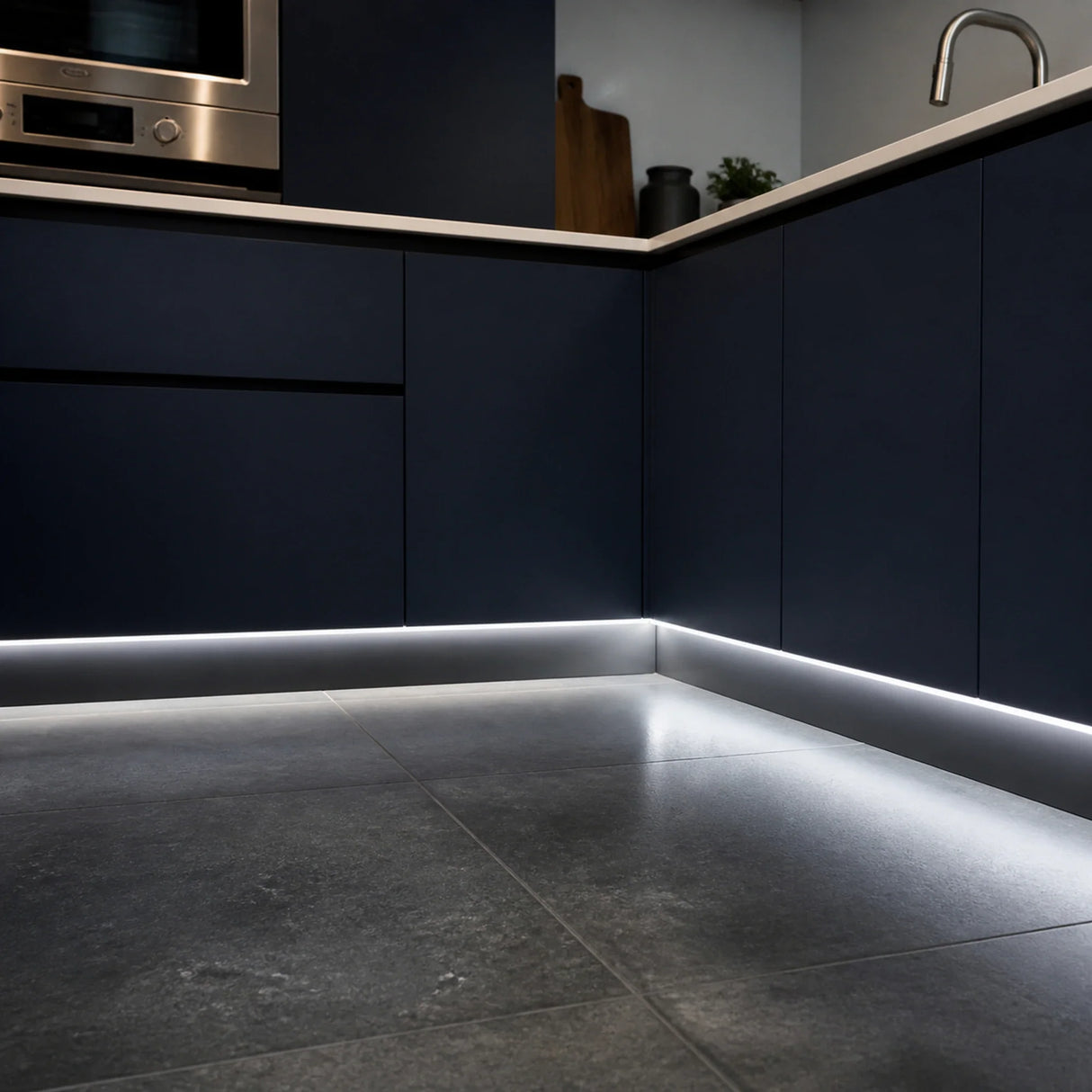 6000K 10×6mm Neon Flex lighting a kitchen plinth and kickboard, installation illustration