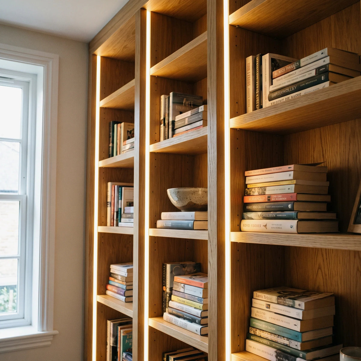 3000K 4×10mm Mini Neon Flex lighting bookcase uprights and deep reveals, installation illustration