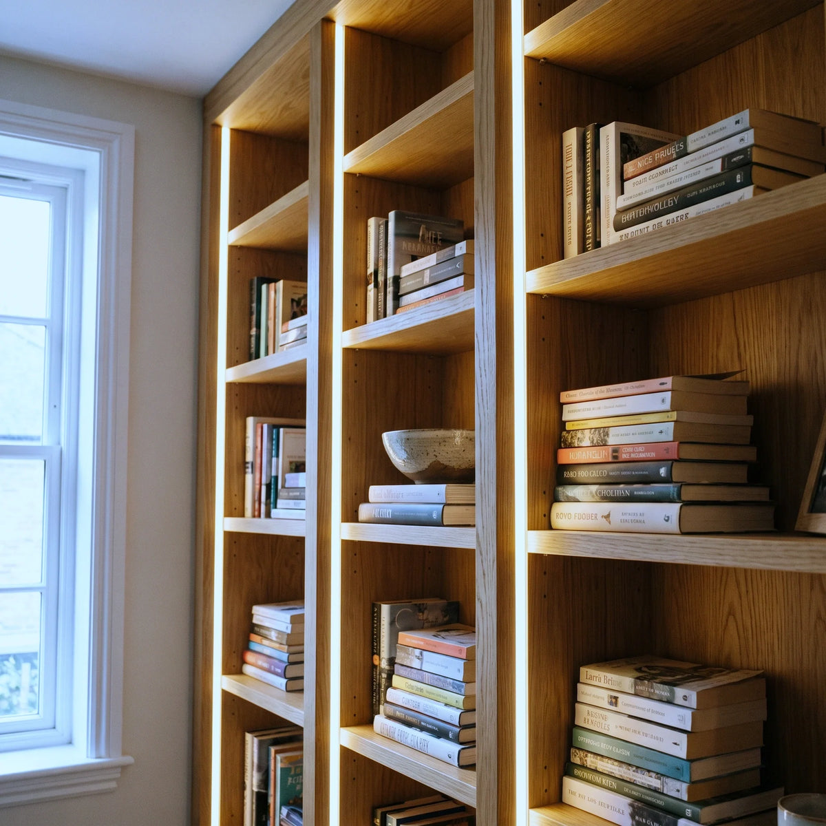 6000K 4×10mm Mini Neon Flex lighting bookcase uprights and deep reveals, installation illustration