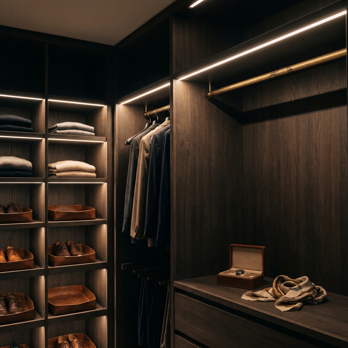 4×10mm Mini Neon Flex recessed into fitted wardrobe shelf edges, installation illustration