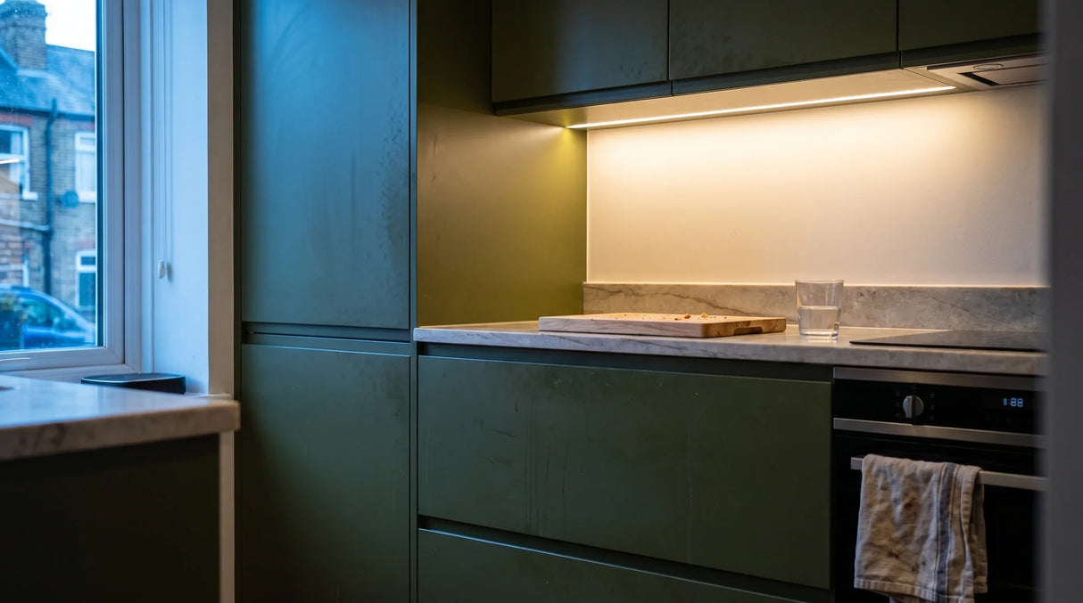 Fitted kitchen joinery illuminated with 4×8mm Mini Neon Flex, installation illustration