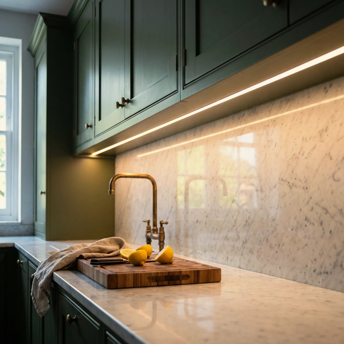 2700K 4×8mm Mini Neon Flex lighting a kitchen worktop, under-cabinet installation illustration