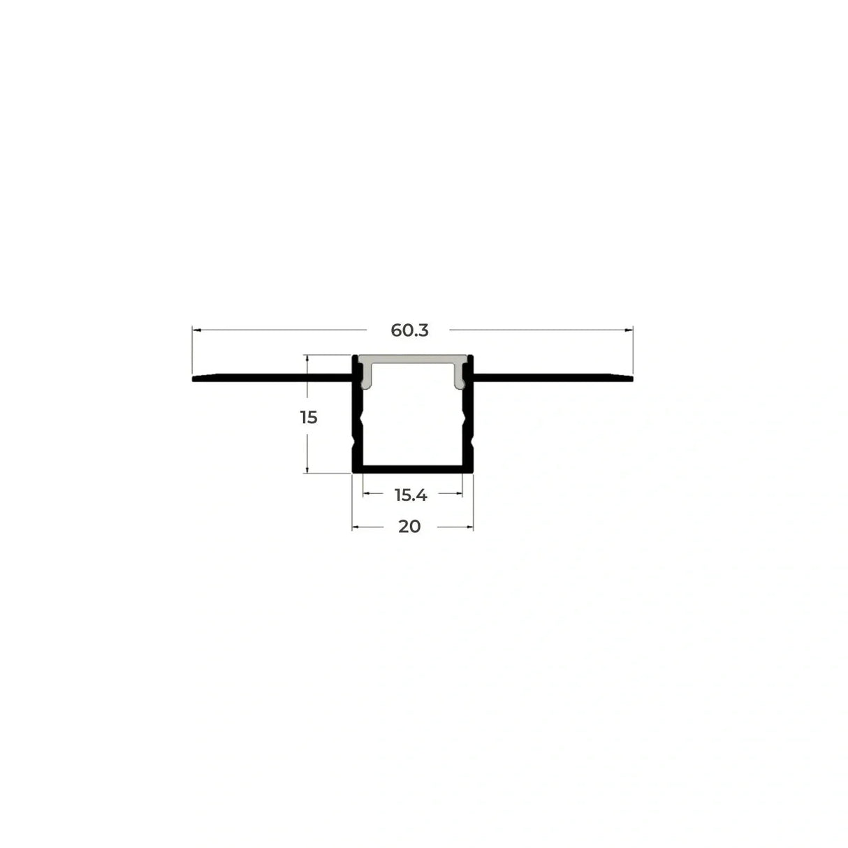 Cross-section: 60.3mm flange, 20 x 15mm body, 15.4mm internal channel