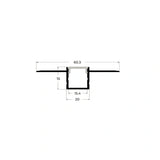 Cross-section: 60.3mm flange, 20 x 15mm body, 15.4mm internal channel