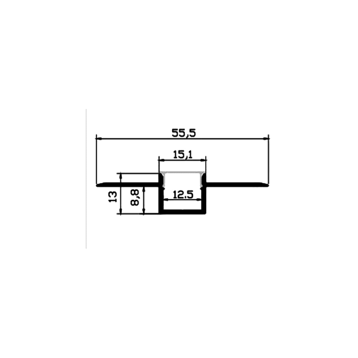 Dimensions of 2 metre plaster-in LED profile, 13mm depth and 12.5mm internal channel