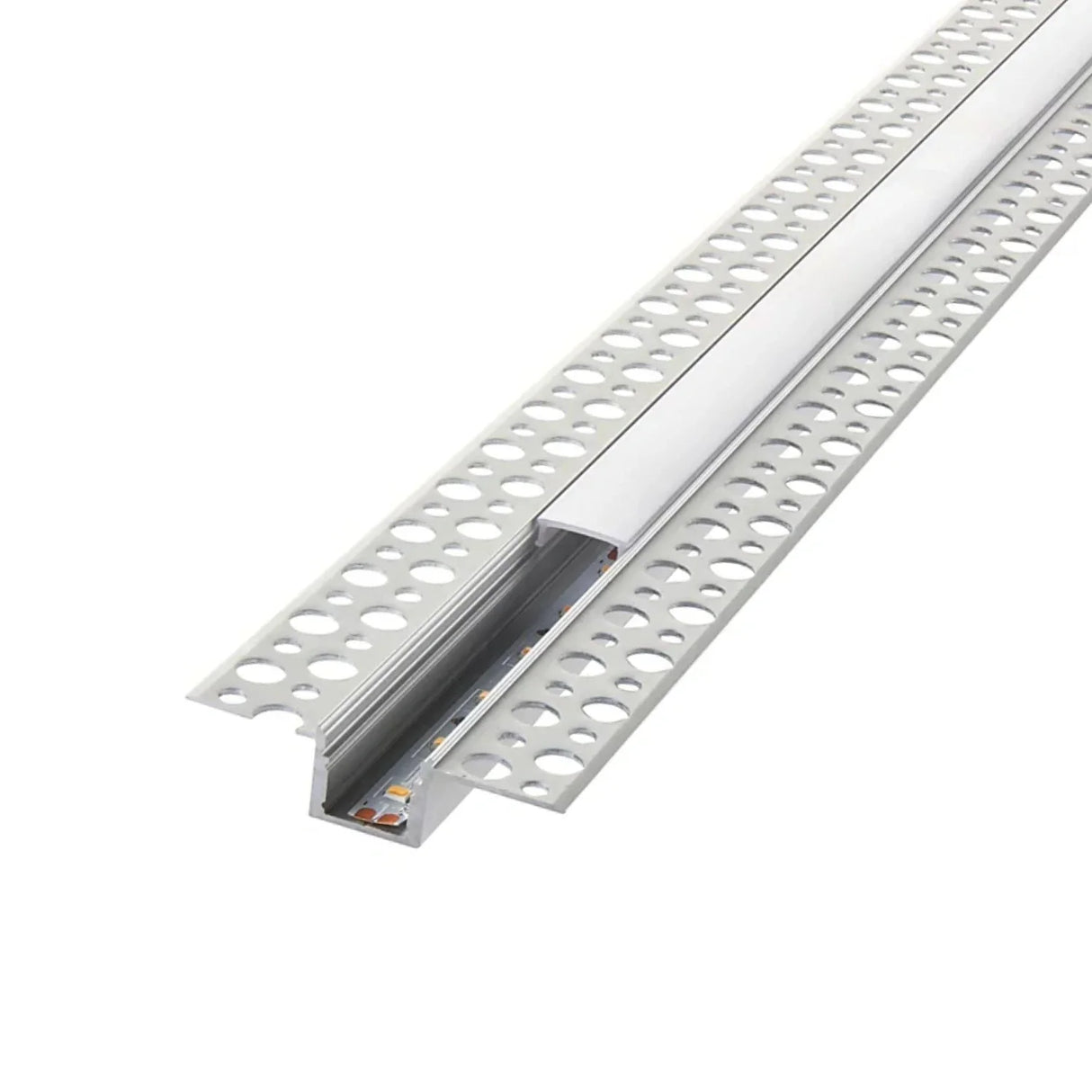 Open plaster-in aluminium channel with LED strip fitted before the cover
