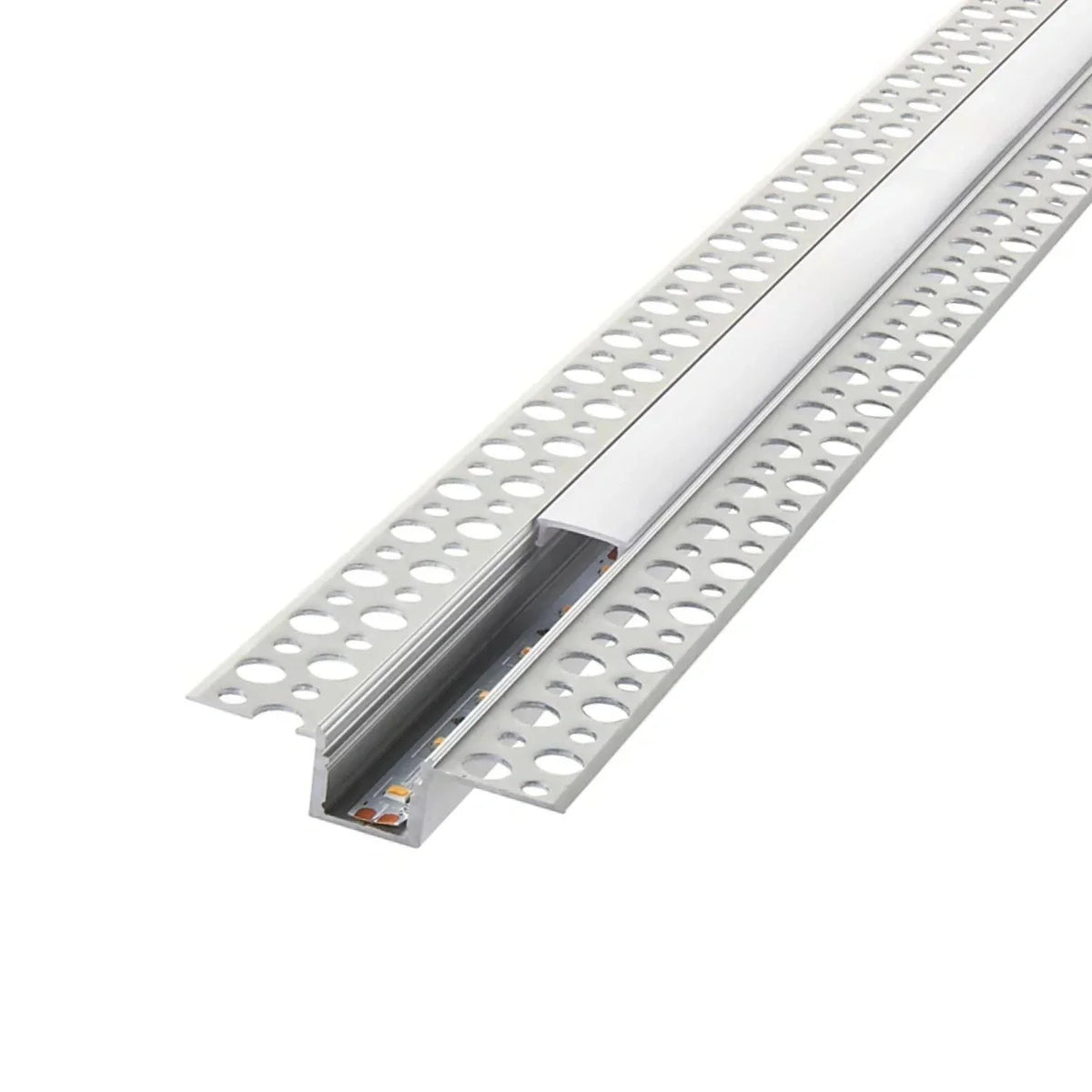 Open plaster-in aluminium channel with LED strip fitted before the cover