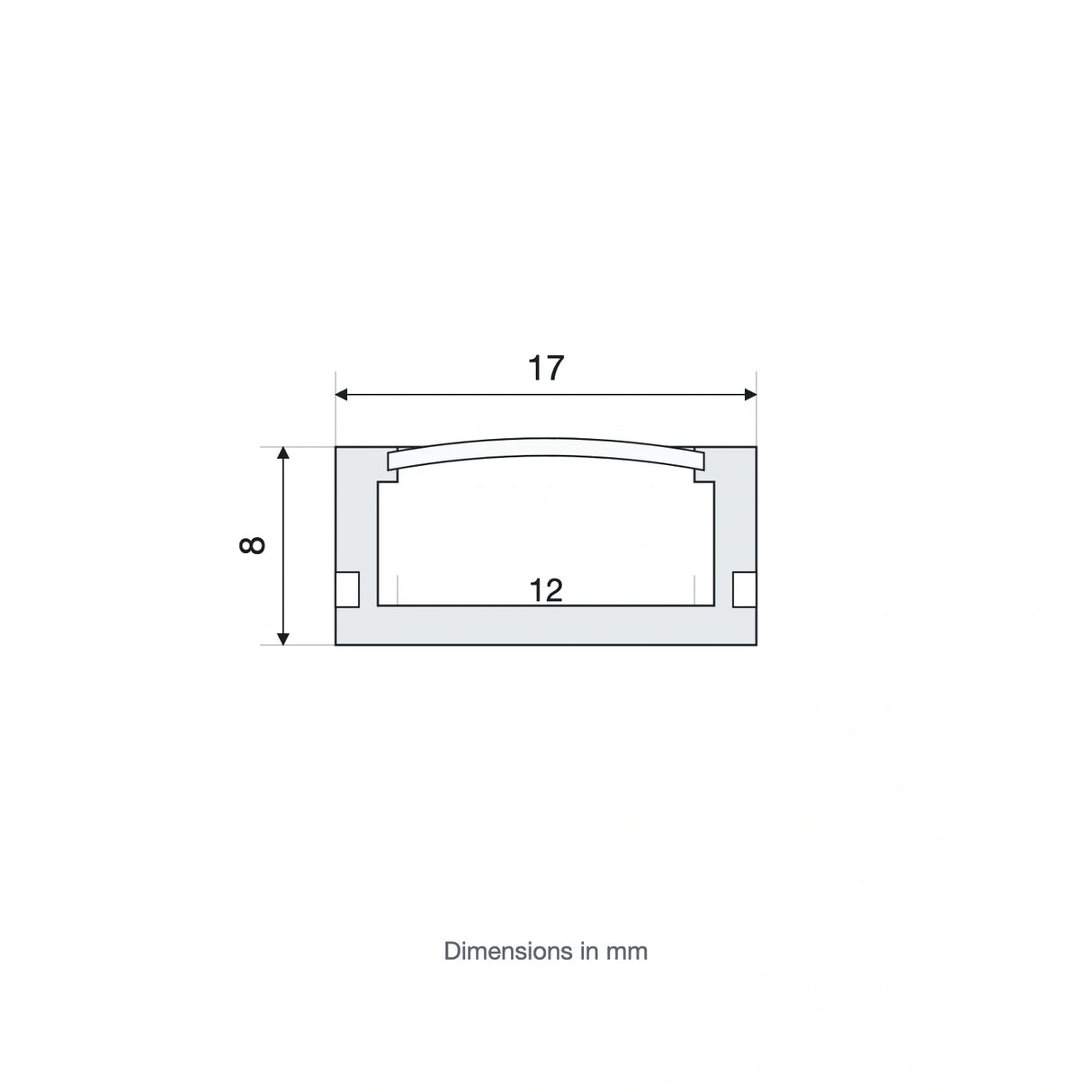 Cross-section of 17x8mm surface LED profile with 12mm internal channel