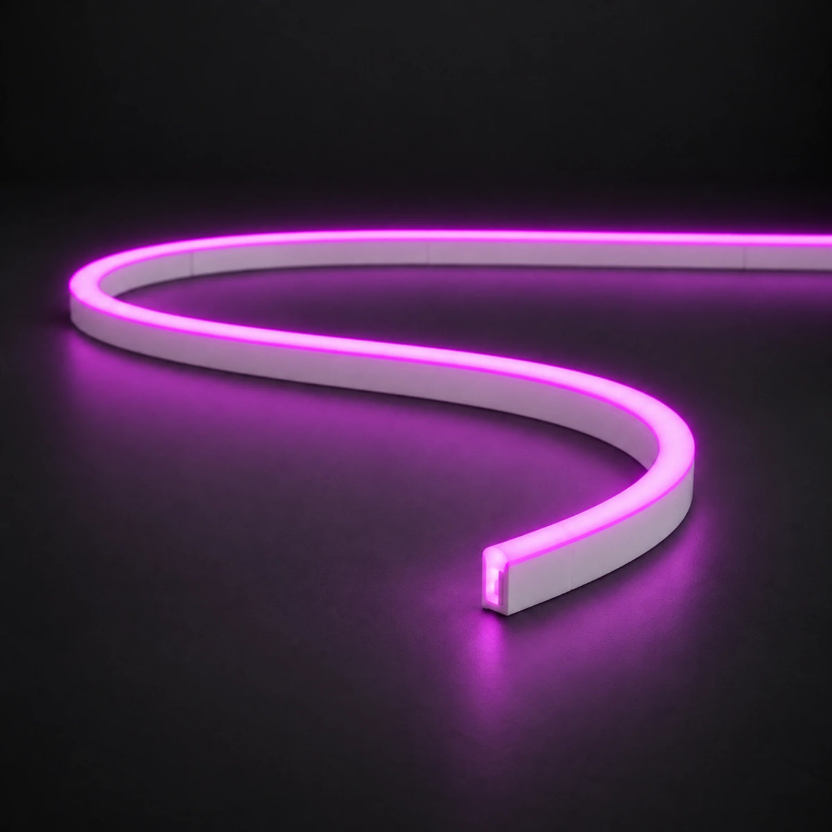 Purple 6x12mm 12V IP65 LED neon flex with a domed luminous top in an S-curve on dark charcoal.