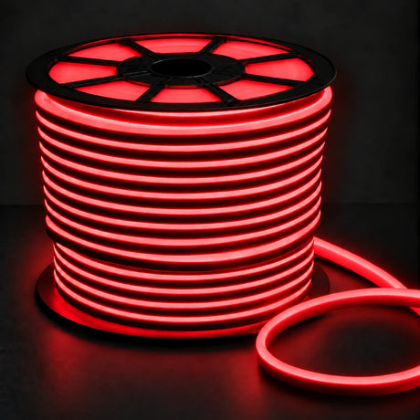UK LED Lights red 8×16mm 220–240V IP65 neon flex on a reel, with smooth continuous light on a charcoal background