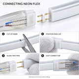 Illustrative 8×16mm AC neon flex two-pin connector fitting sequence; disconnect from mains before fitting