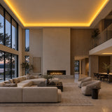 Illustrative UK LED Lights golden 8×16mm neon flex installed in large-room ceiling coving