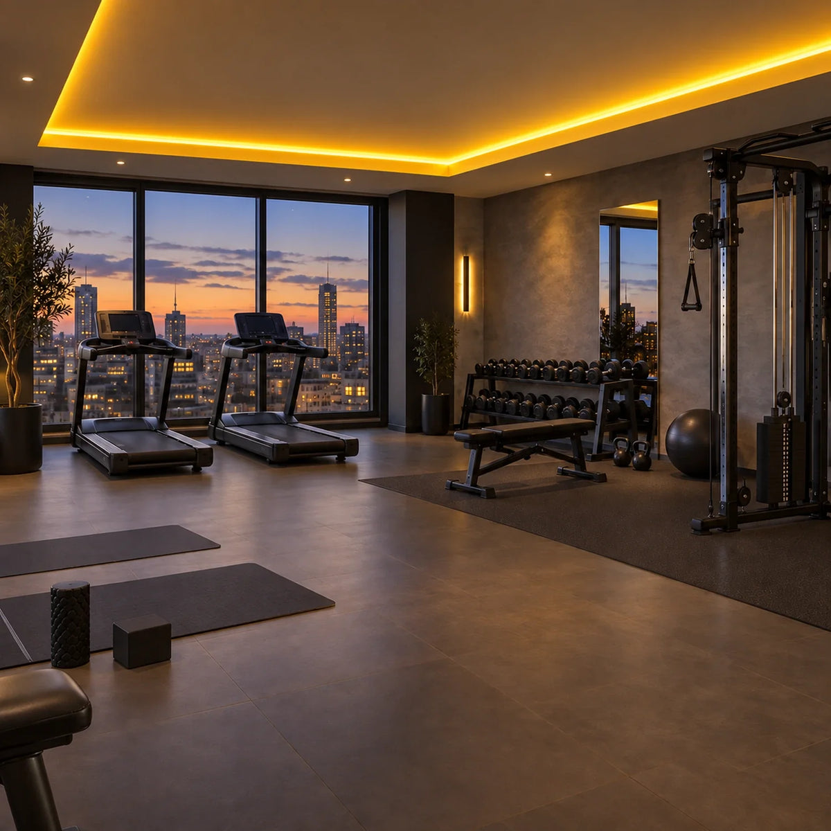 Illustrative UK LED Lights golden 8×16mm neon flex installed in gym ceiling coving