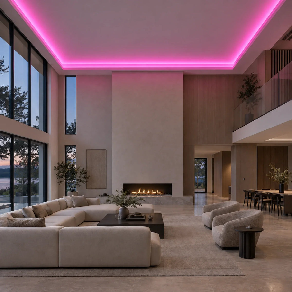 Illustrative UK LED Lights pink 8×16mm neon flex installed in large-room ceiling coving