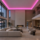 Illustrative UK LED Lights pink 8×16mm neon flex installed in large-room ceiling coving