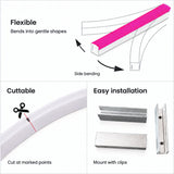 Illustrative 8×16mm neon flex side-bend, marked cut point and clip-mounting diagram; pink strip is an example colour