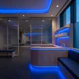 Blue 24V 10mm SCOB LED strip installed beneath a gym recovery reception desk and in ceiling coving; installation visual.
