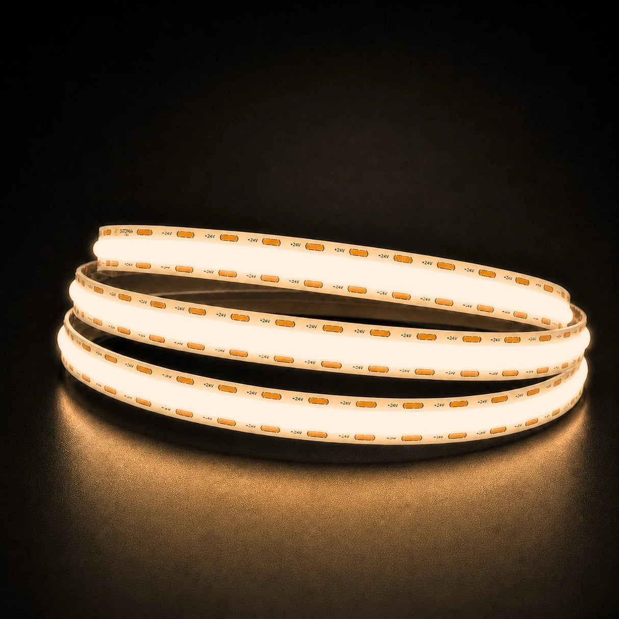 Warm White 3000K COB LED strip coil illuminated on a dark background, 24V DC and 10mm wide.