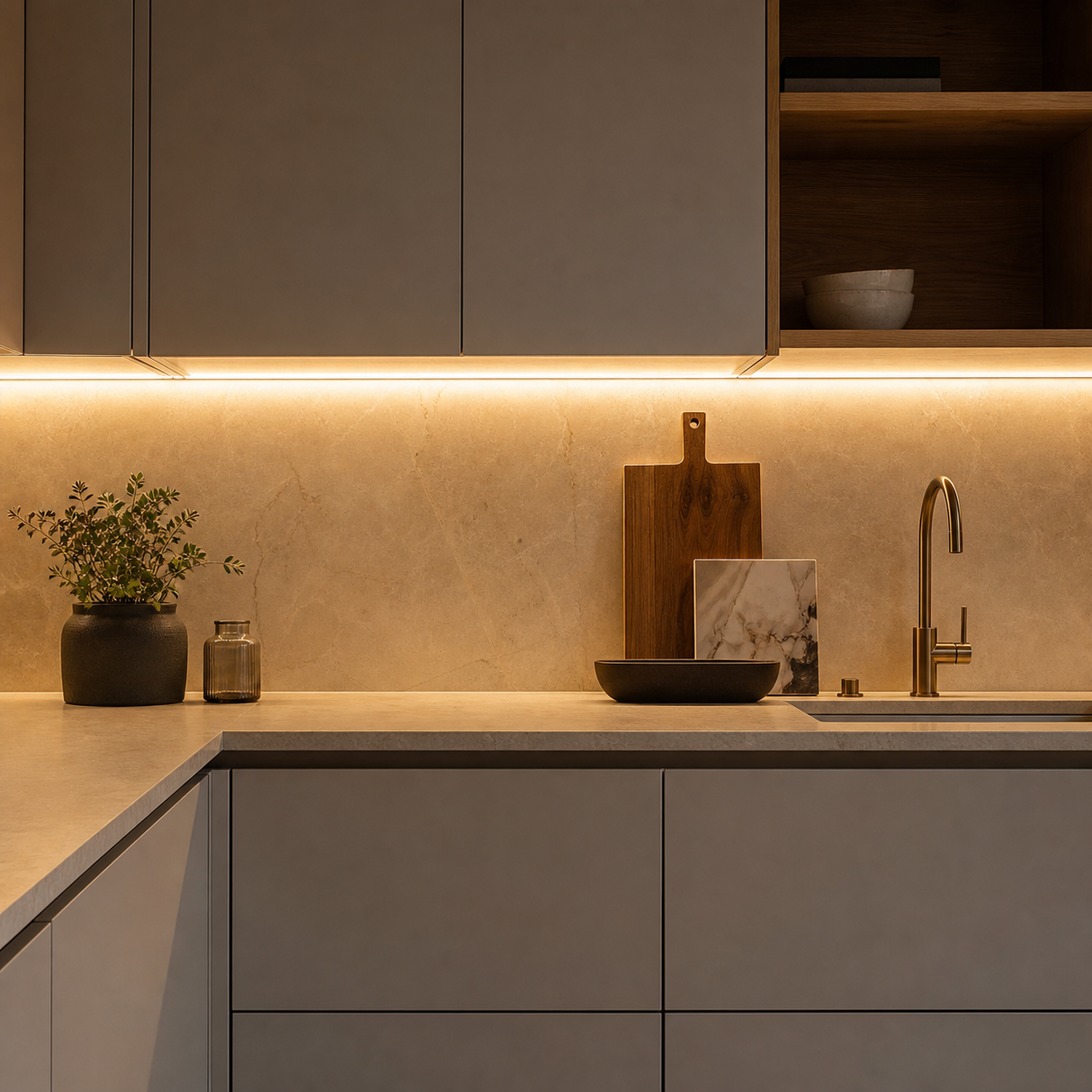 Warm White 2700K COB LED strip installed beneath contemporary kitchen cabinets