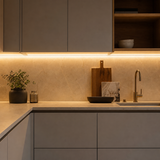 Warm White 2700K COB LED strip installed beneath contemporary kitchen cabinets