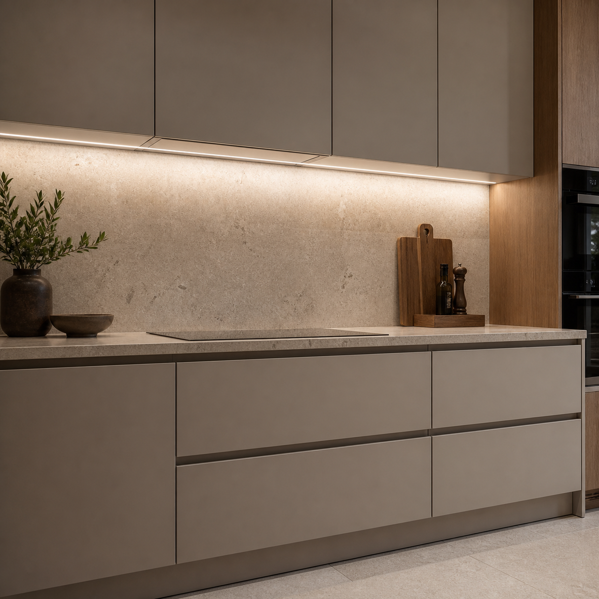 Natural White 4000K COB LED strip installed beneath contemporary kitchen cabinets