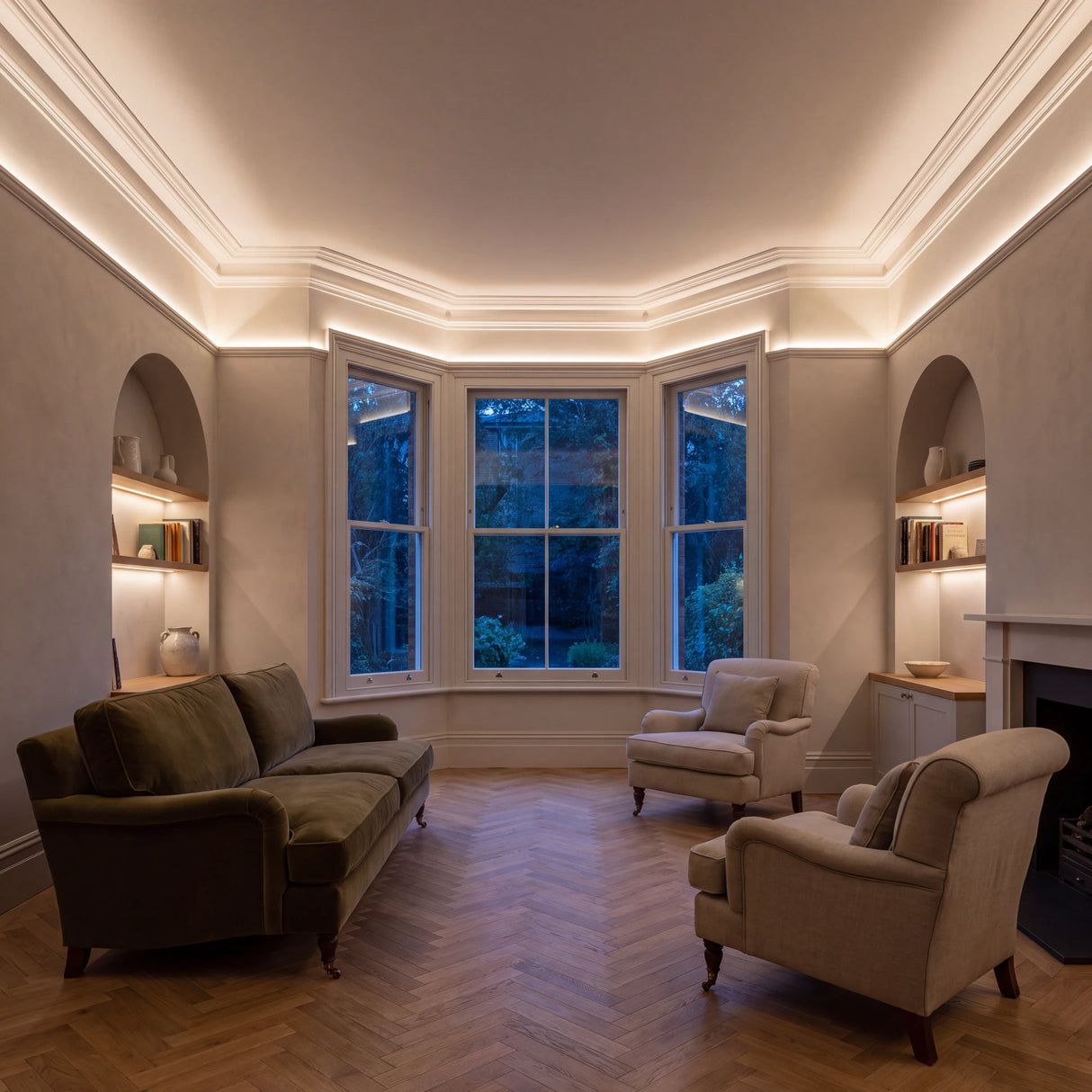 Warm White 2700K COB LED strip ceiling coving lighting in a large British living room in the evening; installation illustration.