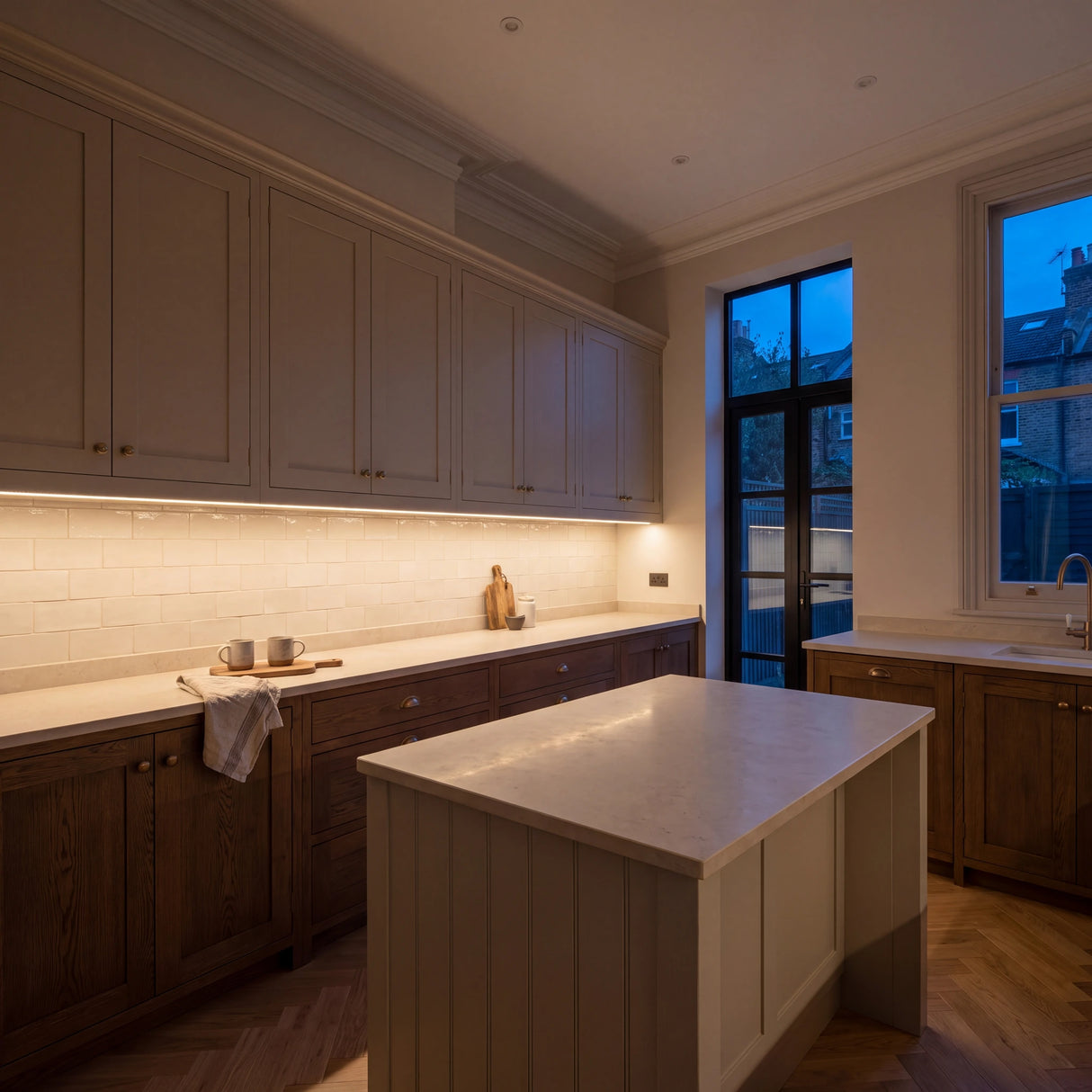 Warm White 2700K COB LED strip lighting beneath wall cabinets in a large British kitchen in the evening; installation illustration.