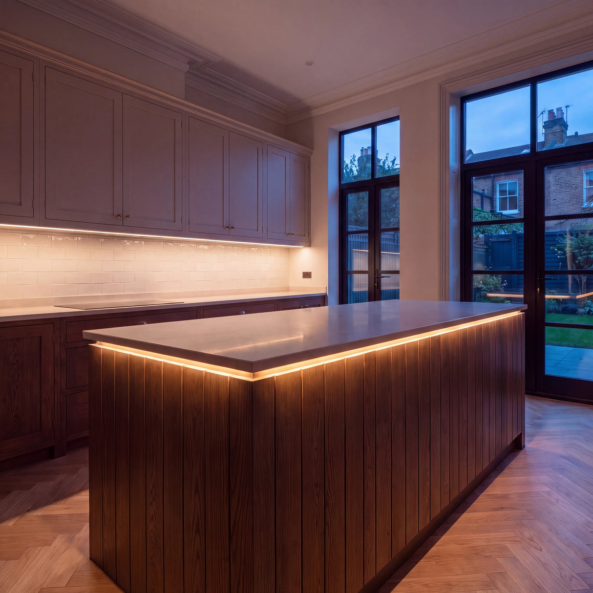 Warm White 3000K COB LED strip kitchen island lighting in a large British kitchen in the evening; installation illustration.