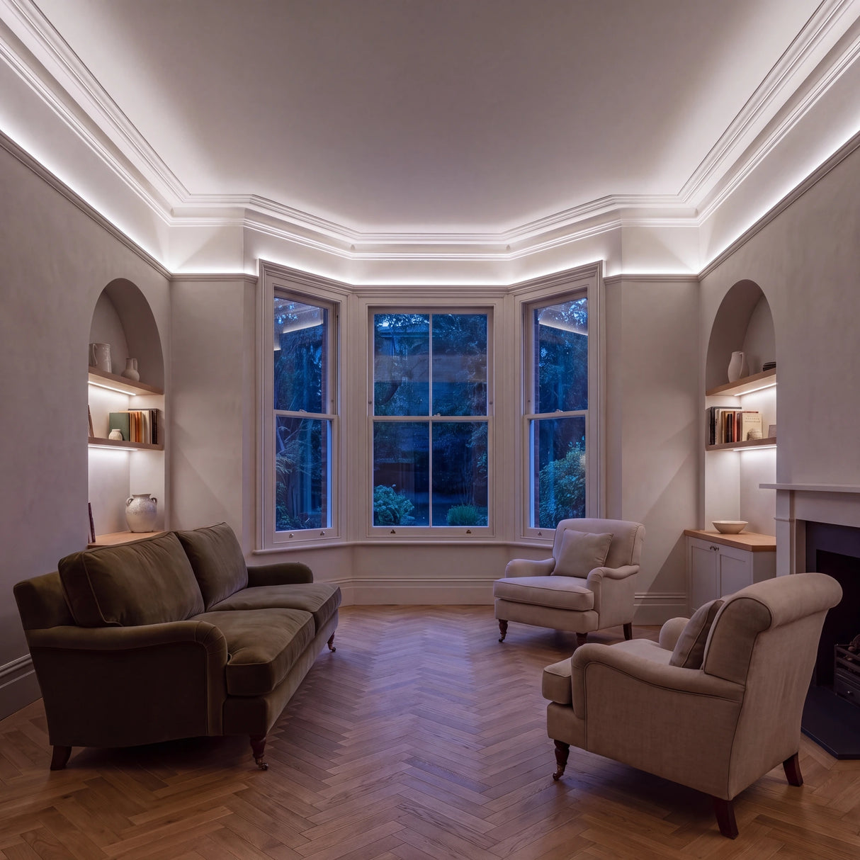 Natural White 4000K COB LED strip ceiling coving lighting in a large British living room in the evening; installation illustration.
