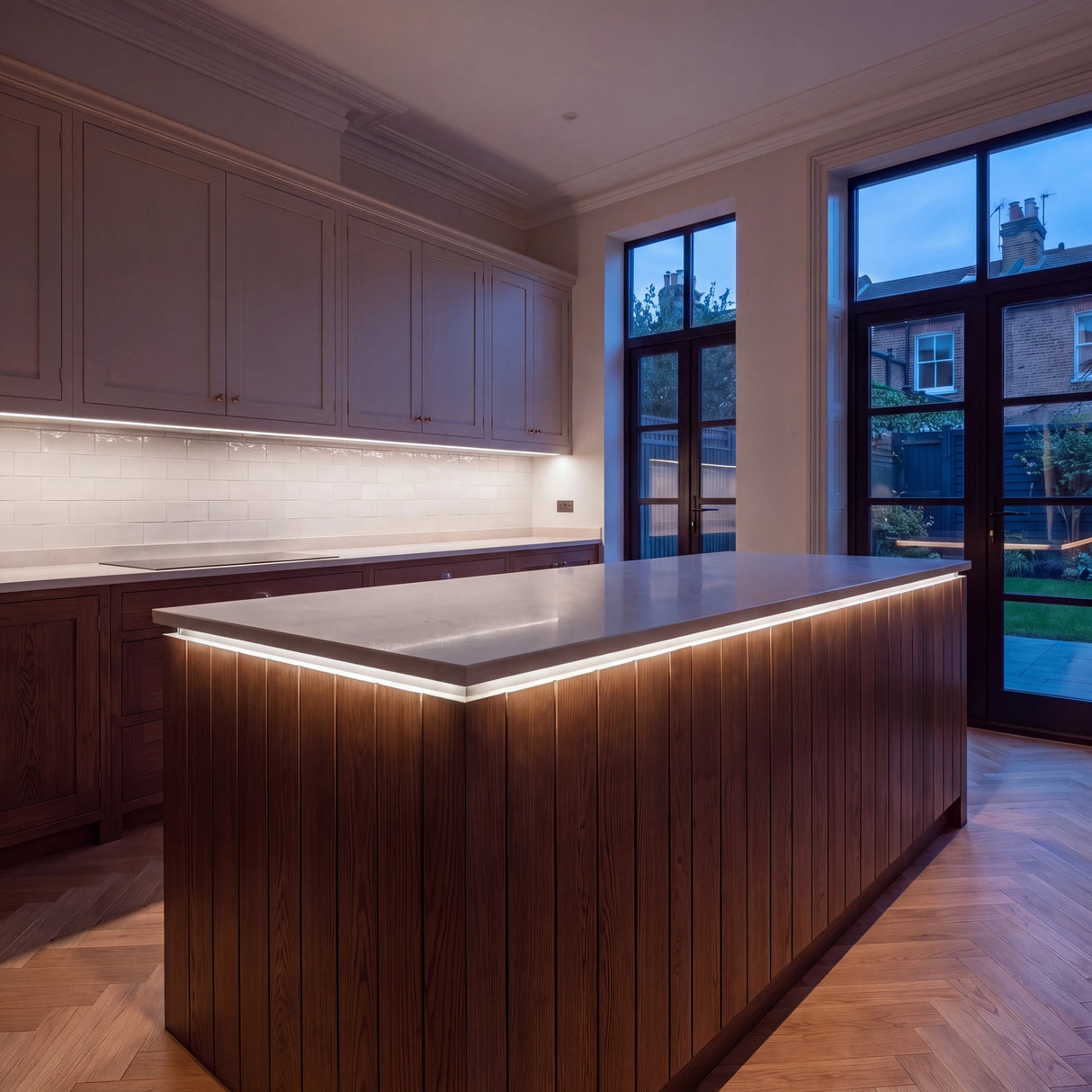 Natural White 4000K COB LED strip kitchen island lighting in a large British kitchen in the evening; installation illustration.