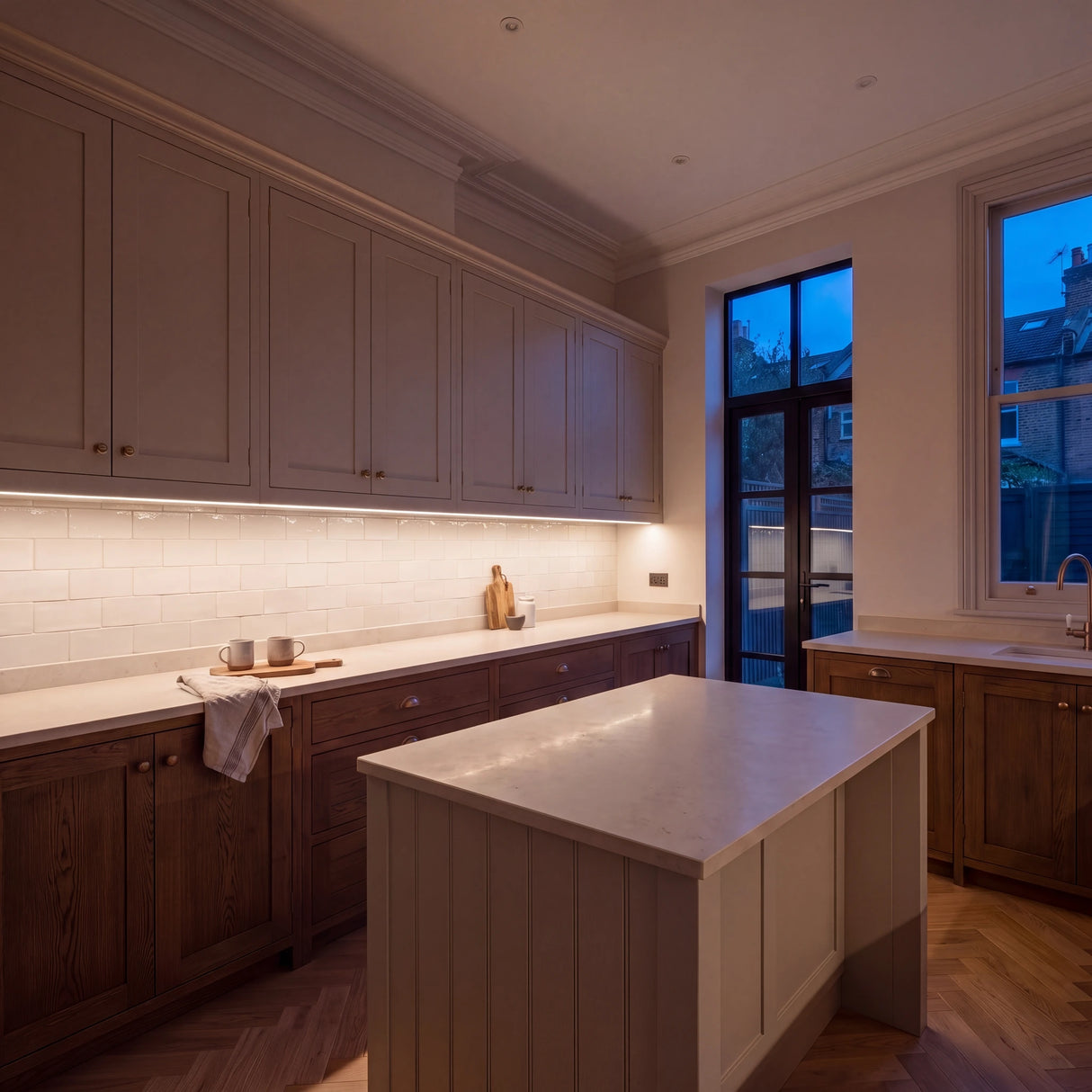 Natural White 4000K COB LED strip lighting beneath wall cabinets in a large British kitchen in the evening; installation illustration.