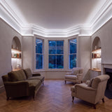 Daylight 5000K COB LED strip ceiling coving lighting in a large British living room in the evening; installation illustration.