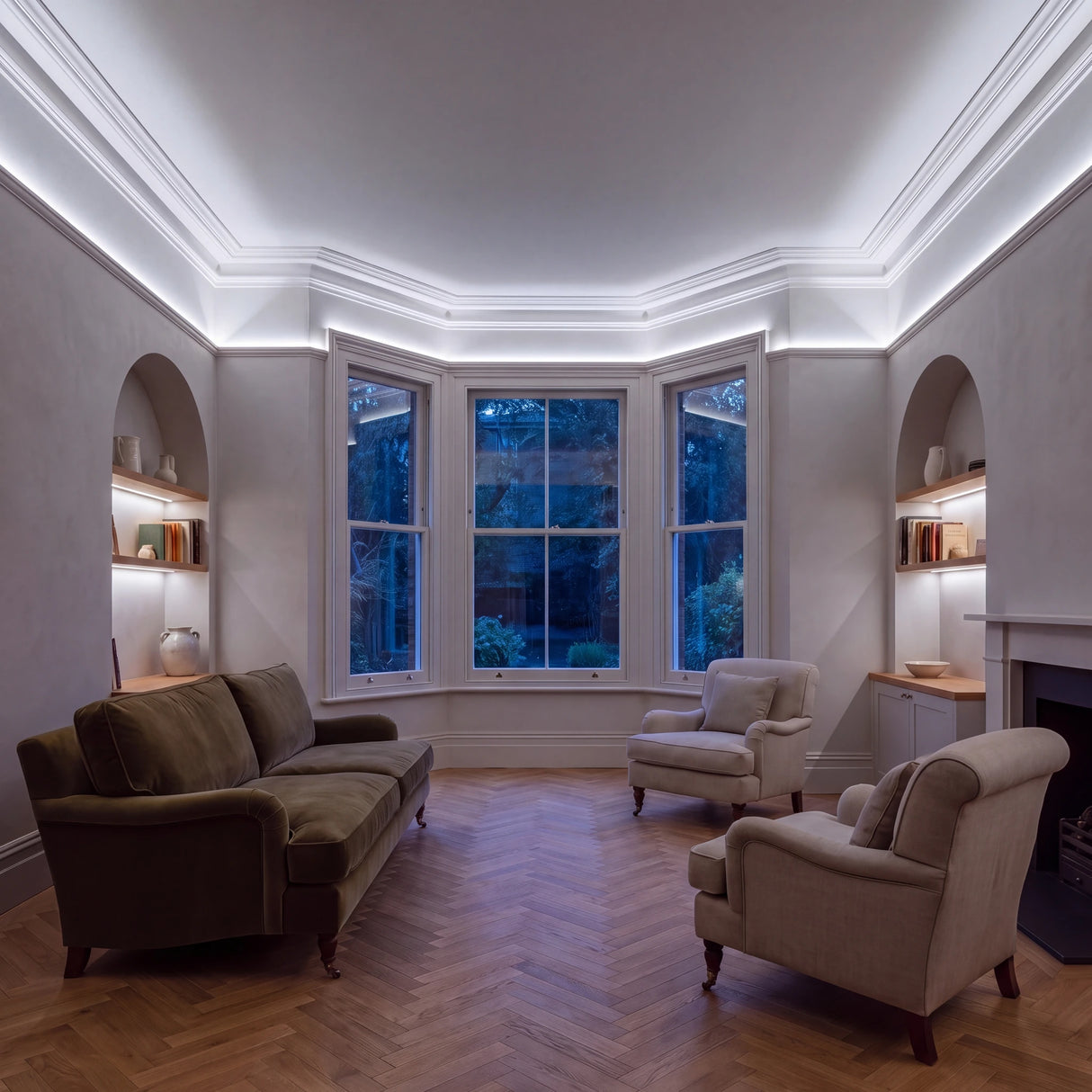 Cool White 6500K COB LED strip ceiling coving lighting in a large British living room in the evening; installation illustration.