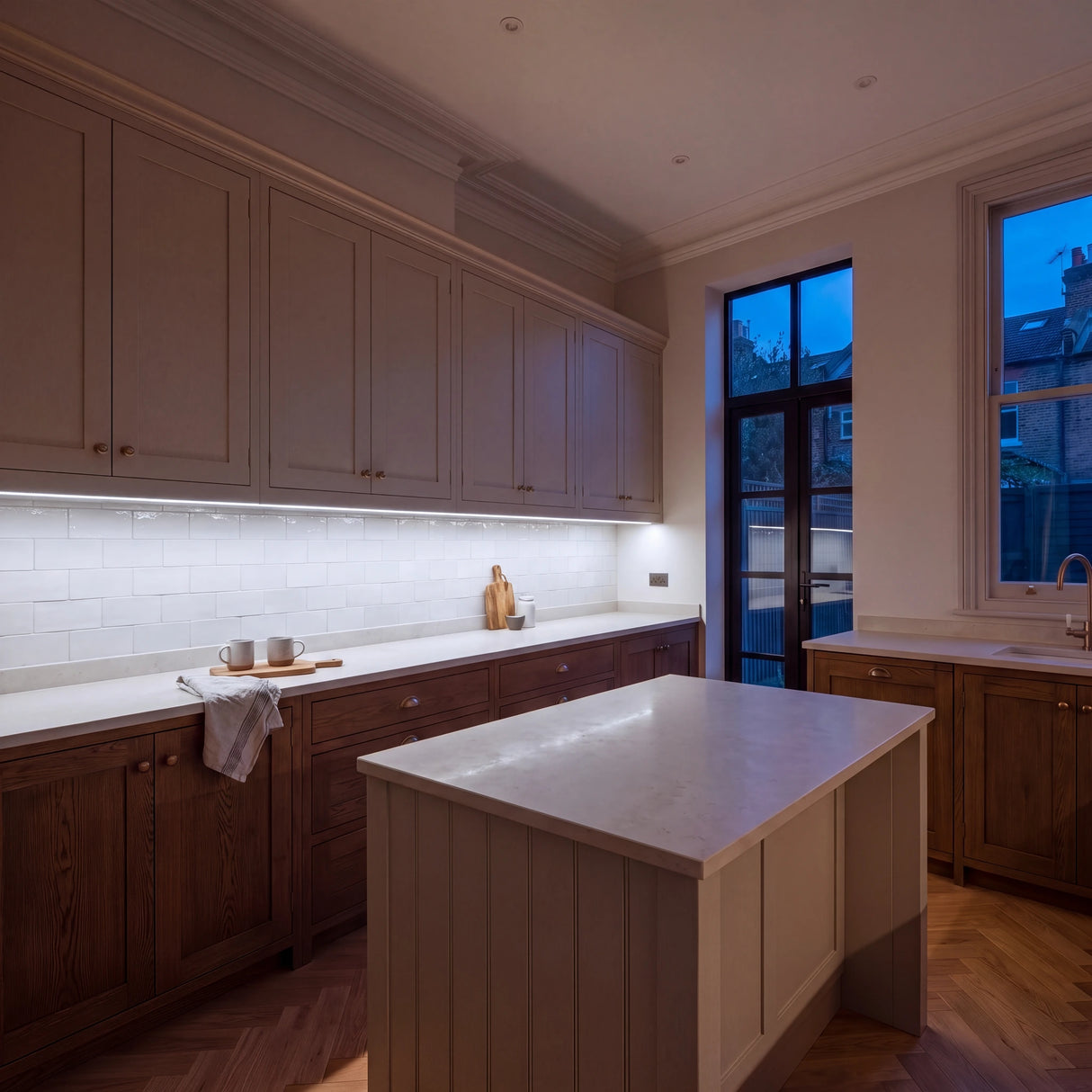 Cool White 6500K COB LED strip lighting beneath wall cabinets in a large British kitchen in the evening; installation illustration.