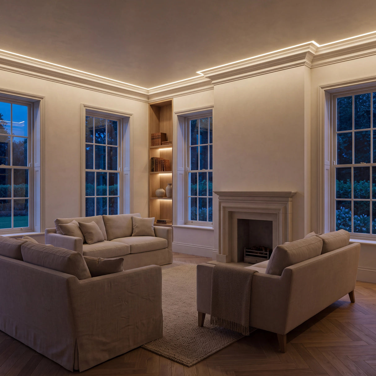 Warm White 2700K COB LED strip ceiling coving lighting in a large British living room in the evening; installation illustration.