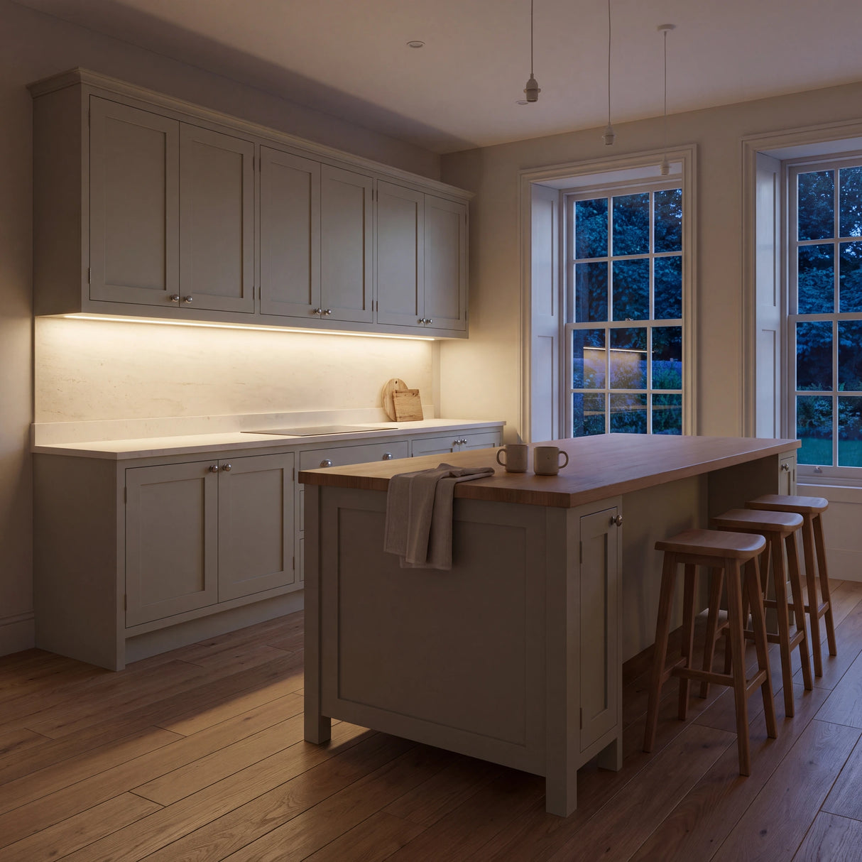 Warm White 2700K COB LED strip lighting beneath wall cabinets in a large British kitchen in the evening; installation illustration.